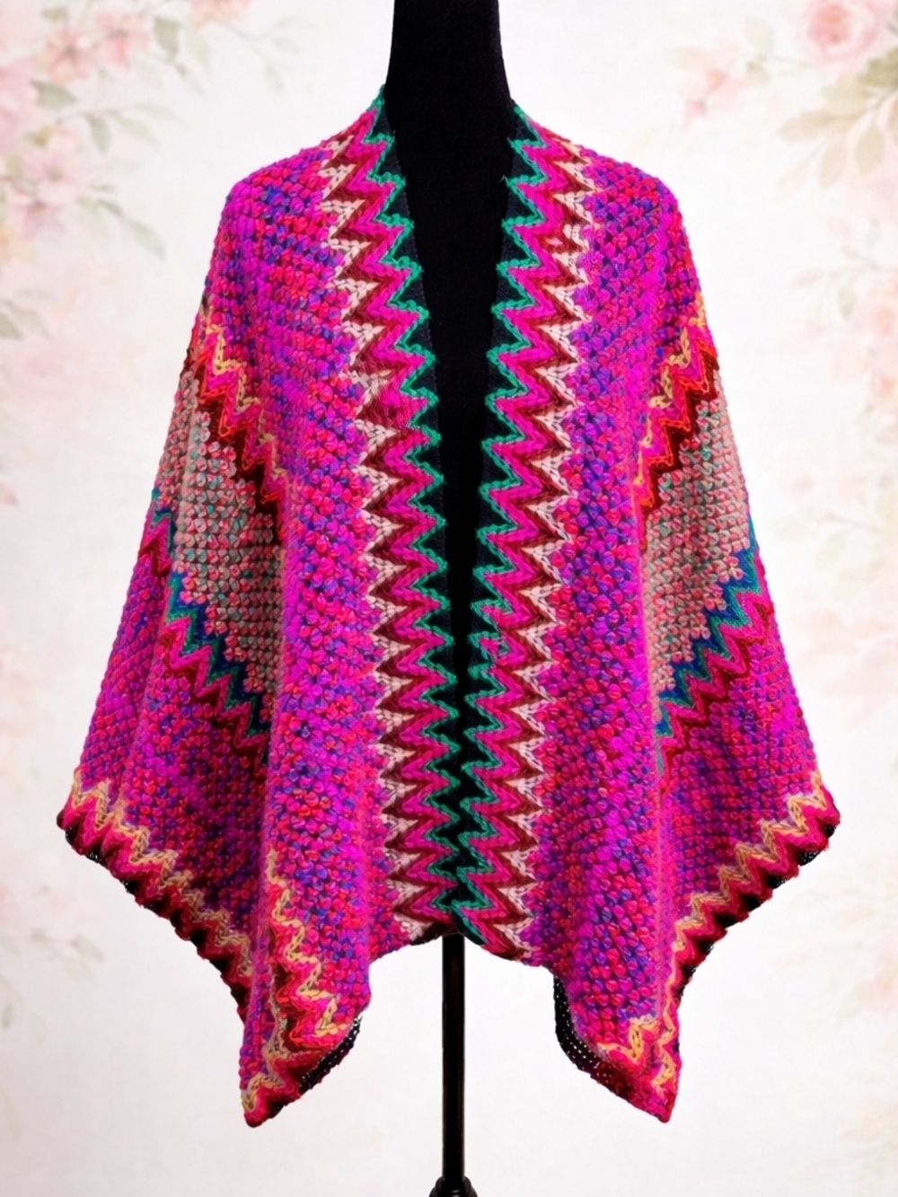Handmade Crochet Shawl Bright Boho Colorful Knit Wrap One Size Warm